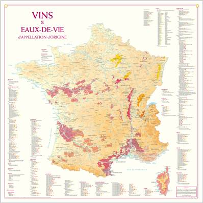 Carte de France des Vins et Eaux-de-Vie d'Appellation d'Origine plastifiée